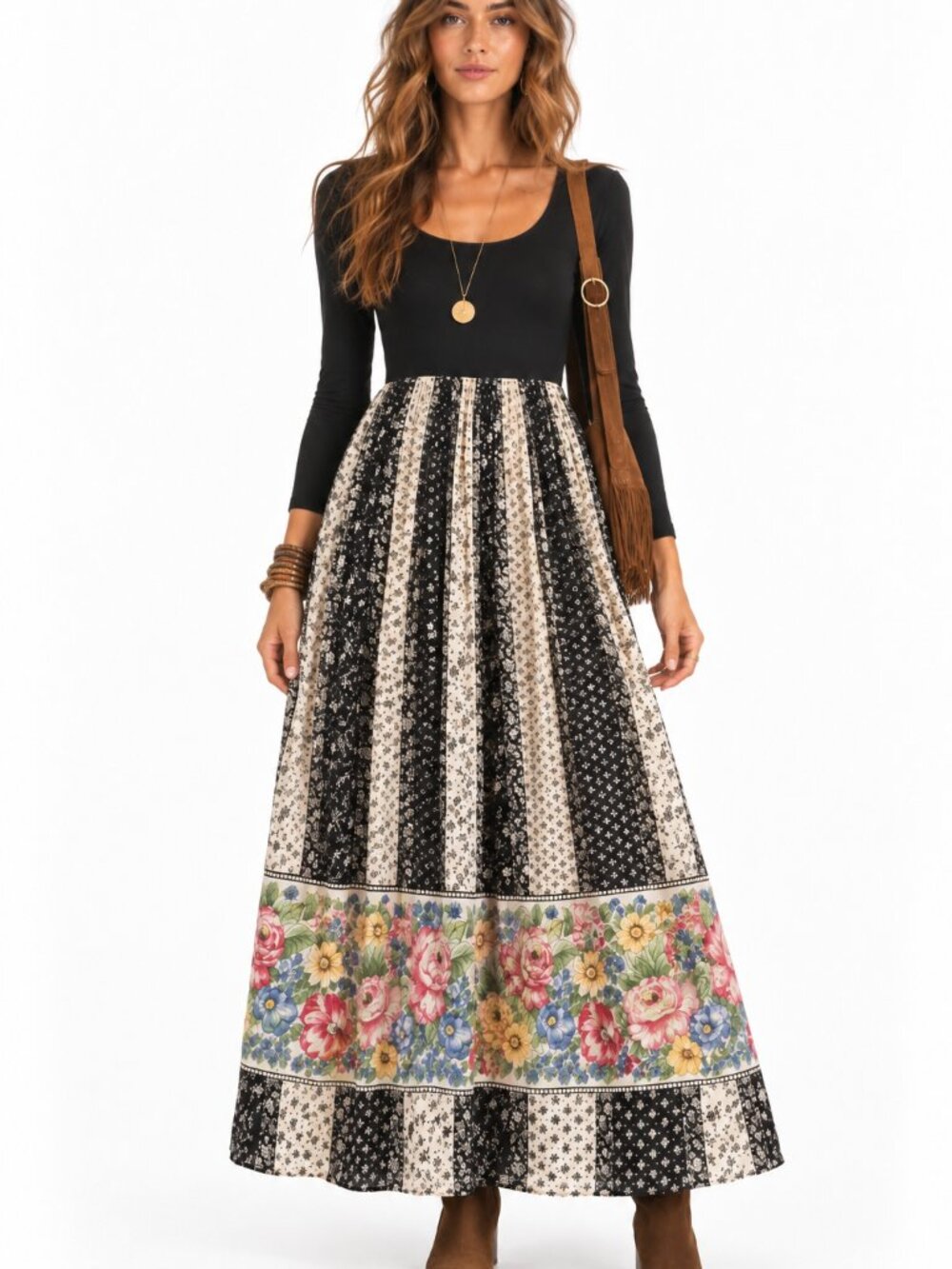 Vintage 70s Floral Mix Print Maxi Dress Medium Miss Elliette Cottage Boho